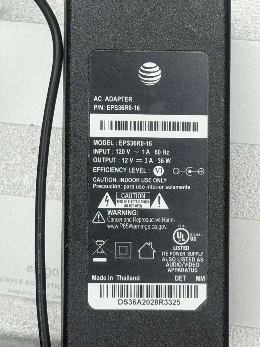 AT&T EPS36R0-16 12V 3A 36W AC Power Adapter